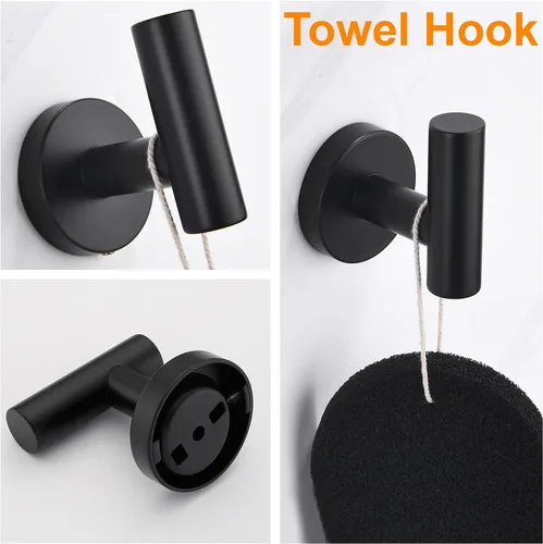 Miniatura 5 de Nolimas Juego de 3 piezas de accesorios de baño negro mate SUS304 de acero inoxidable redondo montado en la pared, incluye barra de toalla de mano 3