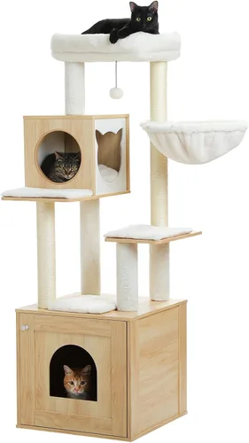 Miniatura 11 de Árbol alto para gatos con recinto para caja de arena de 56.7" Torre de madera para gatos para gatos grandes con hamaca casa cama para gatos