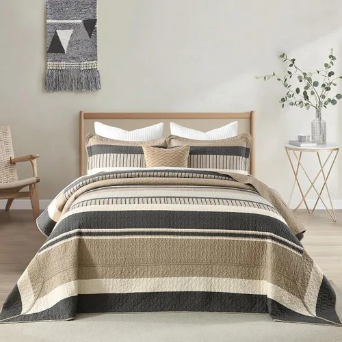Miniatura 2 de Finlonte Colcha tamaño King, 100% algodón, colcha de gran tamaño King de tamaño King, color marrón carbón, beige, California King, acolchada, a