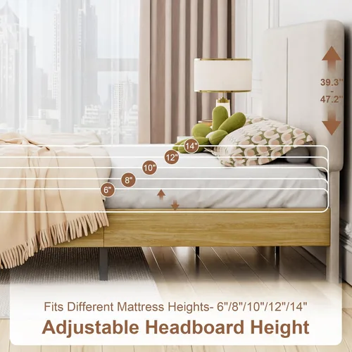 Miniatura 7 de VECELO Marco de Cama Matrimonial Tapizado Camas Plataforma con Cabecera de Algodón y Lino Ajustable en Altura, Listones de Madera Resistente, 6