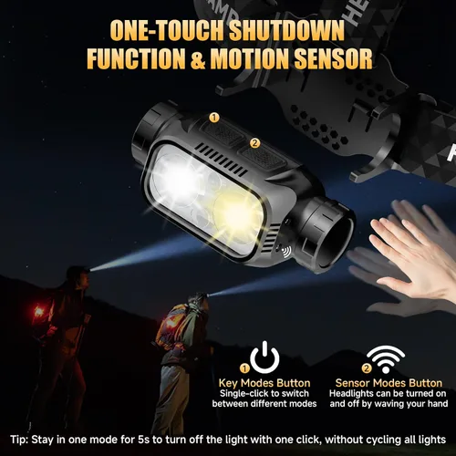 Miniatura 2 de ATDOALL Linterna frontal LED recargable, lámpara de cabeza súper brillante de alto lumen con luz roja, sensor de movimiento, 5 modos, ajustable a