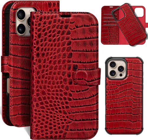 Miniatura 25 de Funda de cuero compatible con iPhone 16 Pro Max Cartera 6.9", cuero genuino 2 en 1, magnética, desmontable, a prueba de golpes, funda tipo folio