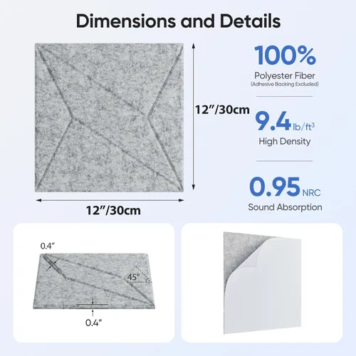 Miniatura 3 de Paquete de 12 paneles acústicos de 12 x 12 x 0.4 pulgadas para absorción de sonido de pared, paneles de sonido cuadrados autoadhesivos de rayas P