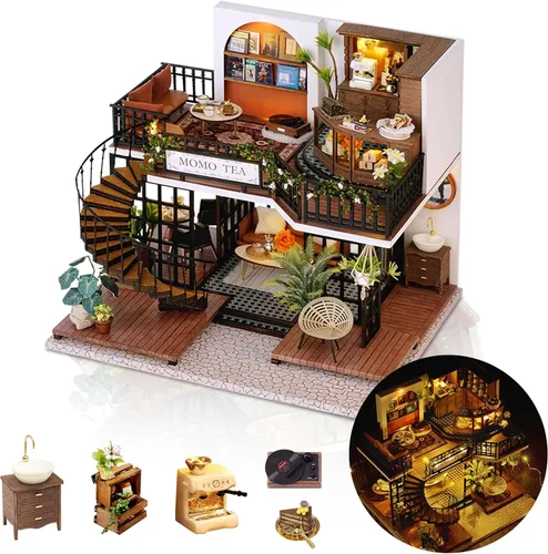 Miniatura 14 de Kit de casa en miniatura, pequeño restaurante japonés Sakura de madera 3D, kit de construcción de mini casa de muñecas con cubierta a prueba