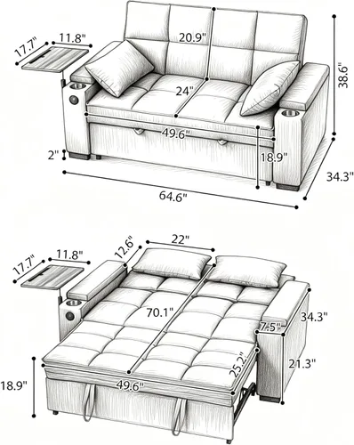 Miniatura 2 de Eafurn Sofá cama convertible con mesa giratoria de 360° y puertos USB, sofá biplaza de felpilla copetudo, sofá biplaza extraíble con reposabrazos