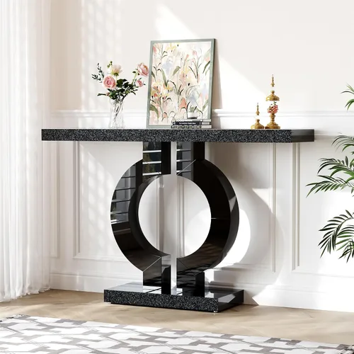 Miniatura 3 de LITTLE TREE Mesa consola de vidrio espejo de 43 pulgadas con base en forma de O, mesa de entrada de vidrio para sala de estar, moderna mesa de sofá