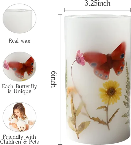 Miniatura 3 de Vela LED sin llama de 3.25 pulgadas de diámetro x 6 pulgadas de alto, vela parpadeante de mariposa de cera real, funciona con pilas con función