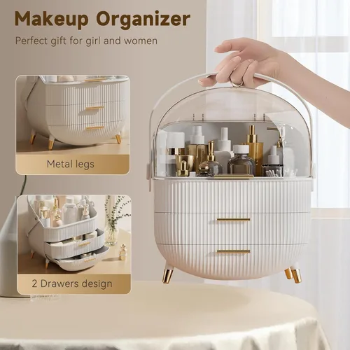 Miniatura 3 de BTGGG Organizador de maquillaje, organizador de maquillaje para tocador, almacenamiento de cosméticos de encimera con cajones y cubierta Blanco