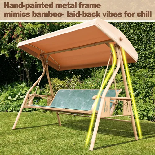Miniatura 3 de ZZW Columpio de patio para 3 personas para adultos con toldo ajustable y portavasos mejorados, tela de textileno, silla de columpio con soporte Verde