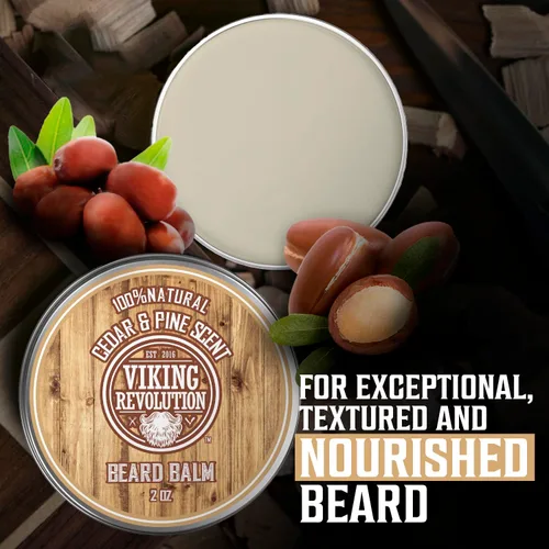 Miniatura 4 de Viking Revolution Bálsamo para barba de cedro y pino, mantequilla con aceite de argán, suavizante e hidratante para hombres, cera para barbas