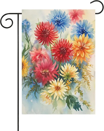 Bandera de acuarela de temporada de verano y primavera, flores coloridas de dalias para jardín, patio, 12 x 18 pulgadas, banderas decorativas de