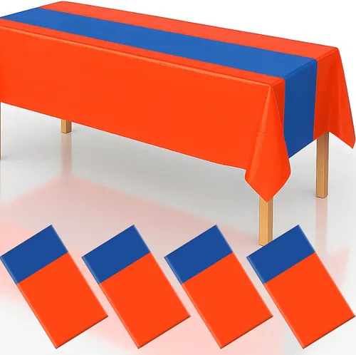 Paquete de 4 manteles de fiesta 2 en 1, color naranja y azul, manteles de plástico desechables de 54 x 108 pulgadas, manteles rectangulares para