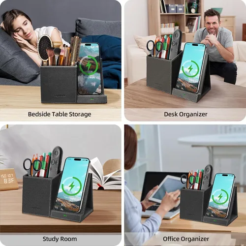 Miniatura 5 de TopMade Cargador inalámbrico con soporte para lápiz para bolígrafo, organizador de mesita de noche de escritorio multifuncional de cuero, estación