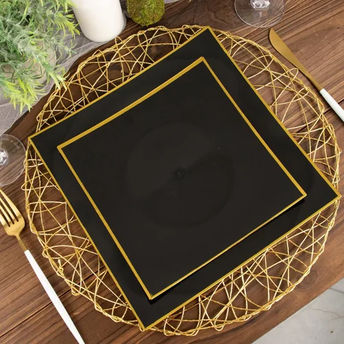 Miniatura 7 de Tableclothsfactory Paquete de 10 platos llanos cuadrados cóncavos de plástico duro de 8 pulgadas negro/dorado, platos desechables para fiestas
