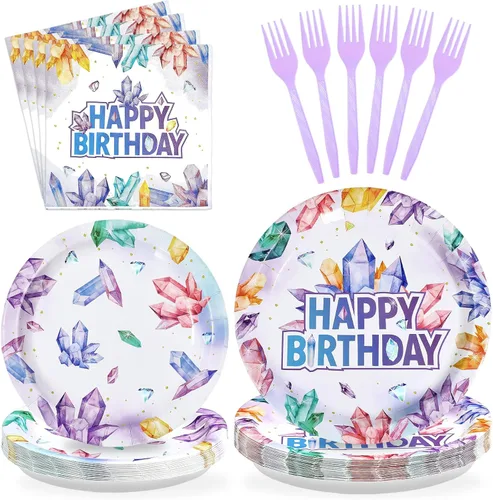 96 piezas de decoraciones de fiesta de cumpleaños de cristal, con gemas moradas, platos y servilletas de diamante, juegos de vajilla de geología