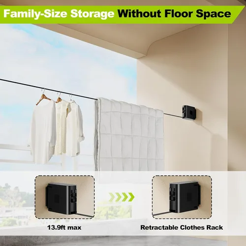 Miniatura 3 de Tendedero retráctil de TPU de 13.9 pies para interiores y exteriores, línea de secado resistente al viento para montar en la pared con agujeros Negro