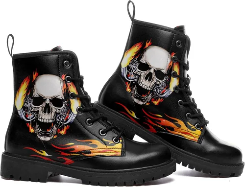 Miniatura 3 de Botas de combate negras personalizadas para mujer, con lazada, estilo cráneo y rosa, botas de tacón grueso y plataforma de cuero