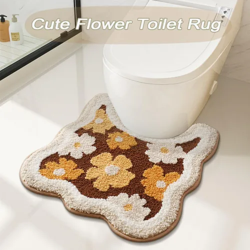Miniatura 2 de PTAEXCEL Tapete de baño con diseño floral en forma de U, antideslizante, tapete de baño de felpa suave, microfibra absorbente, lavable a máquina