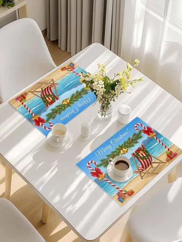 Miniatura 7 de Juego de 6 tapetes antideslizantes lavables, para playa, náuticos, costeros, coronas de Navidad, regalos de algodón y lino para comedor, fiestas