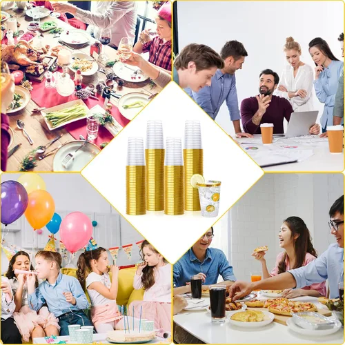 Miniatura 7 de Vplus Paquete de 150 vasos de plástico transparente reutilizables con borde dorado de 12 onzas, vasos desechables de plástico resistentes, perfectos
