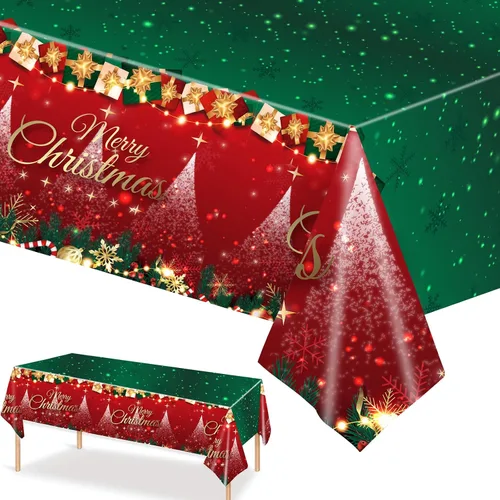 Miniatura 3 de 3 manteles de Navidad desechables, 54 x 108 pulgadas, mantel rectangular de plástico rojo con árbol de Navidad, muñeco de nieve, reno, Papá Noel