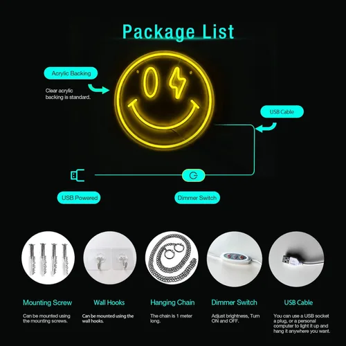 Miniatura 6 de Letrero de neón con cara sonriente, luz de neón LED para decoración de pared, letreros iluminados por USB, letrero de neón amarillo sonriente