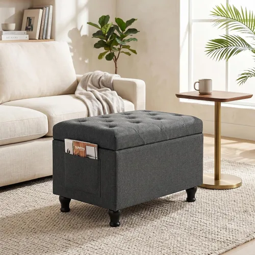 Miniatura 10 de Otomana rectangular de 24 pulgadas, color beige con almacenamiento para sala de estar Upholstered Fabric Shoe Bench and Footrest with Safety Hinge