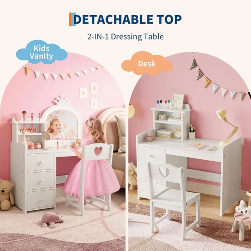 Miniatura 6 de GarveeHome Escritorio de tocador para niños con espejo y luces, tocador de madera de princesa blanca con silla, estantes de almacenamiento y White1