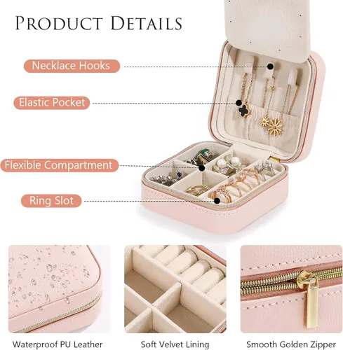 Miniatura 3 de Emibele Joyero de viaje, estuche pequeño de piel sintética, organizador de joyas de viaje de 3 capas para mujeres y niñas, estuche de viaje