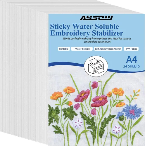 AYSOW 24 hojas estabilizadoras adhesivas solubles en agua para bordado, 8.3 x 11.7 pulgadas, no tóxicas, fuerte adherencia, fácil transferencia de