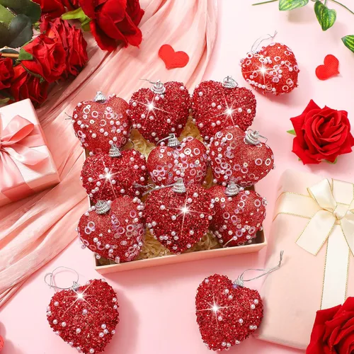 Miniatura 4 de Halloscume 12 adornos de corazón para el día de San Valentín con lentejuelas con purpurina en forma de corazón, decoración colgante de espuma