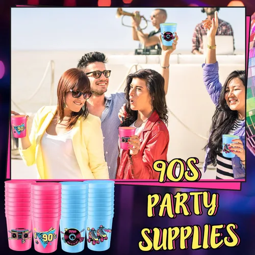 Miniatura 5 de Funnymoom 24 tazas temáticas de los años 90 de 16 onzas, reutilizables, gruesas, retro, para fiesta, de plástico, rosa, rojo y azul, retro, música