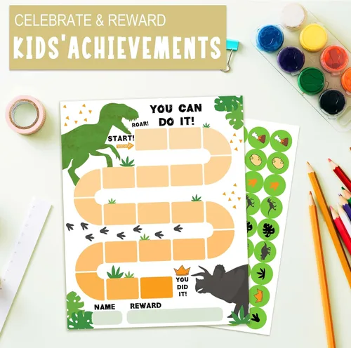 Miniatura 7 de Tabla de 20 recompensas de dinosaurios con 432 calcomanías redondas, tabla de comportamiento de incentivos para niños en el aula en casa, tabla