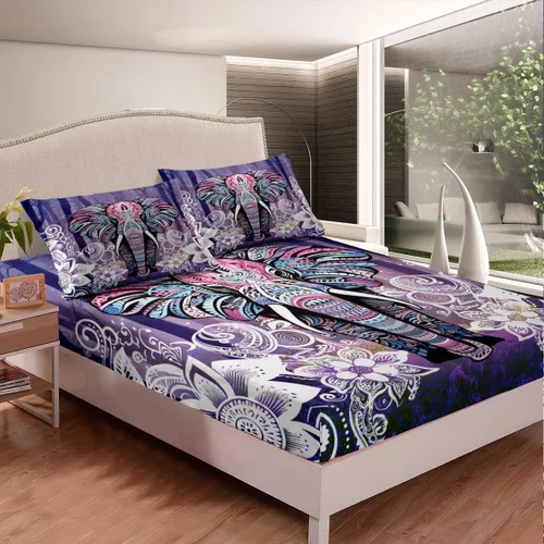 Miniatura 3 de Juego de sábanas bajeras de elefante bohemio, juego de ropa de cama bohemio con estampado de animales de safari africanos para niños, hombres