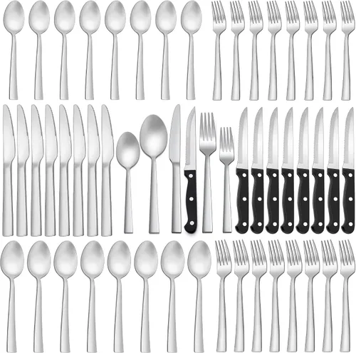 LIANYU Juego de cubiertos mate de 72 piezas con cuchillos para carne, juego de cubiertos de acero inoxidable para 12, utensilios cuadrados para