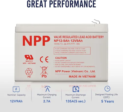 Miniatura 3 de NPP Batería AGM NP12-9Ah 12V 9Ah, terminales F2, repuesto de batería recargable para UPS, iluminación de emergencia de alarma Verizon FiOS