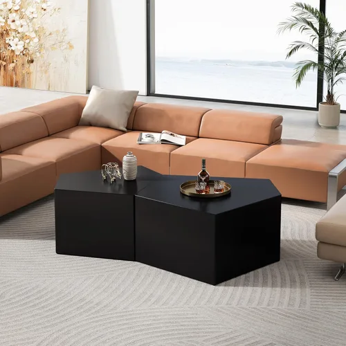 Miniatura 19 de Moderna mesa auxiliar anidable, mesa auxiliar redonda de madera, juego de 2 para espacios pequeños, sala de estar, color negro
