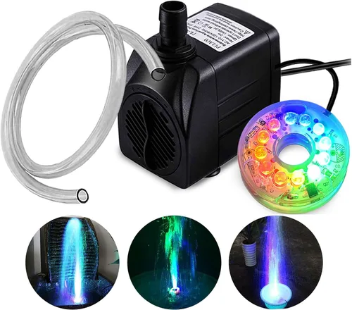 PULACO Bomba de fuente pequeña de 160 GPH, bomba sumergible de 10 vatios con luz LED automática que cambia de color y tubo de 3.3 pies para