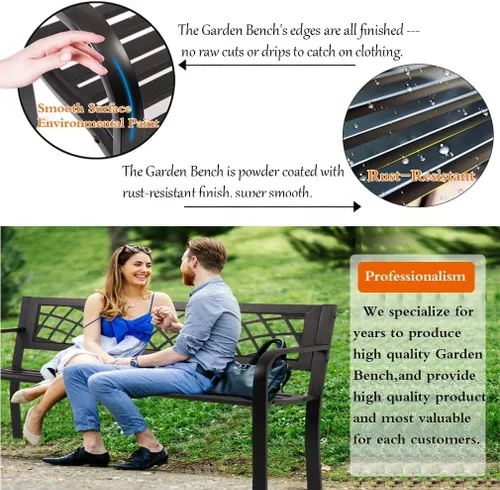 Miniatura 3 de Banco de patio - Banco de jardín de metal para exteriores con reposabrazos, 480 libras, hierro fundido, marco de acero resistente, color negro