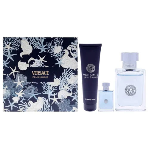 Versace Pour Homme by Versace - Juego de regalo de 3 piezas de 3.4 onzas EDT en aerosol, 0.17 onzas EDT Spray (Mini), gel de baño y ducha de 5 onzas