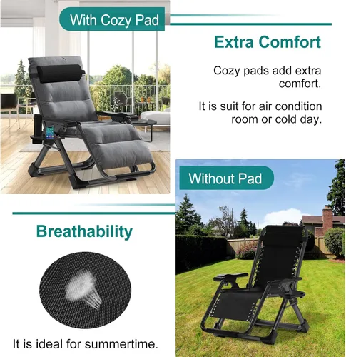 Miniatura 6 de DoCred Silla de gravedad cero, sillón reclinable de césped, tumbona reclinable para patio, tumbona plegable portátil con cojín suave desmontable
