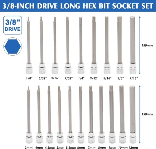 Miniatura 2 de MIXPOWER 32 piezas 3/8" de transmisión Extra Largo Juego de llaves hexagonales y Torx, SAE y métrico (1/8"-7/16", 3mm-12mm, T10-T60), Longitud