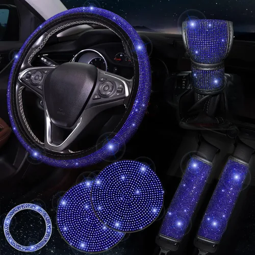ToBeQueen - Juego de 7 accesorios de coche brillantes para mujer y niña, juego de funda de volante de diamante azul de 15 pulgadas, almohadilla para