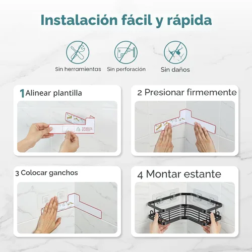 Miniatura 6 de Veken Organizador adhesivo de esquina para ducha, paquete de 3 con soporte para jabón y ganchos, estantes de ducha sin perforación, organizador