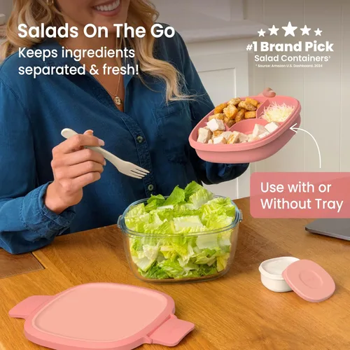 Miniatura 2 de Bentgo Recipiente de Ensalada de Vidrio Todo en Uno - Ensaladera Grande de 61 oz con Tapa, Bandeja Estilo Bento de 4 Compartimentos, Recipiente