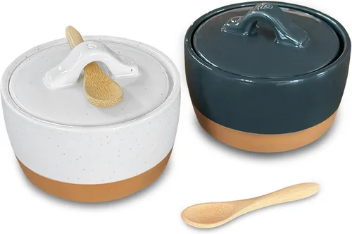 Mora Juego de Salero y Pimentero de Cerámica con Tapa - Recipiente/Contenedor/Tazón Moderno de 10 oz para Almacenamiento, Sal Marina, Especias,
