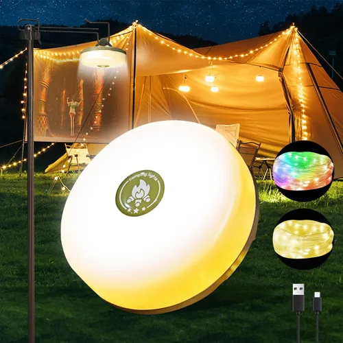 Guirnalda de luces de camping, equipo esencial de campamento, luces de lámpara de 32.8 pies, impermeables, 4 en 1, cadena de luces para exteriores