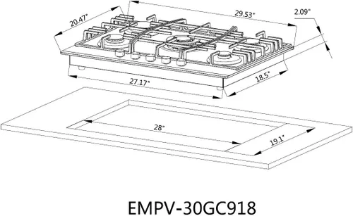 Miniatura 7 de Empava Estufa de gas de 24 pulgadas, 4 quemadores sellados Italia Sabaf de vidrio templado convertible NG/LPG en negro, 24 pulgadas