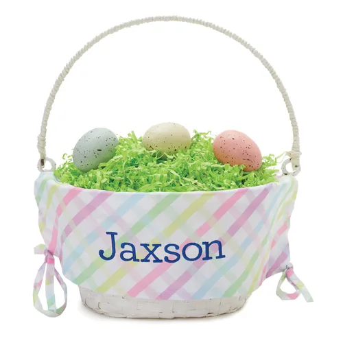 Cesta de huevo de Pascua personalizada con asa y nombre personalizado | Forros de cesta de Pascua multicolor | Cesta blanca | Cestas de Pascua