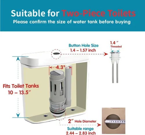 Miniatura 2 de 2-In Dual Flush Valve Replacement Kit with Metal Bolts Extendable Fill Valve,Adjustable Rod Length,2-Piece Toilet Tank Repair Parts